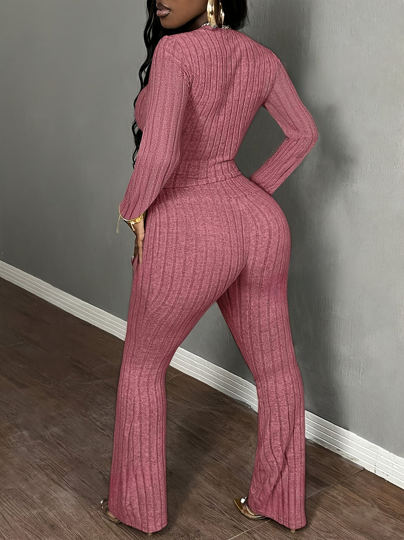 Women's Slim-Fit Round Neck Long-Sleeve T-Shirt and Vertical Stripe Pants.