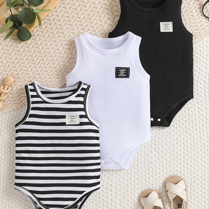 Baby 3pcs Set Bodysuit, Baby Summer Round Neck Striped Bodysuit.