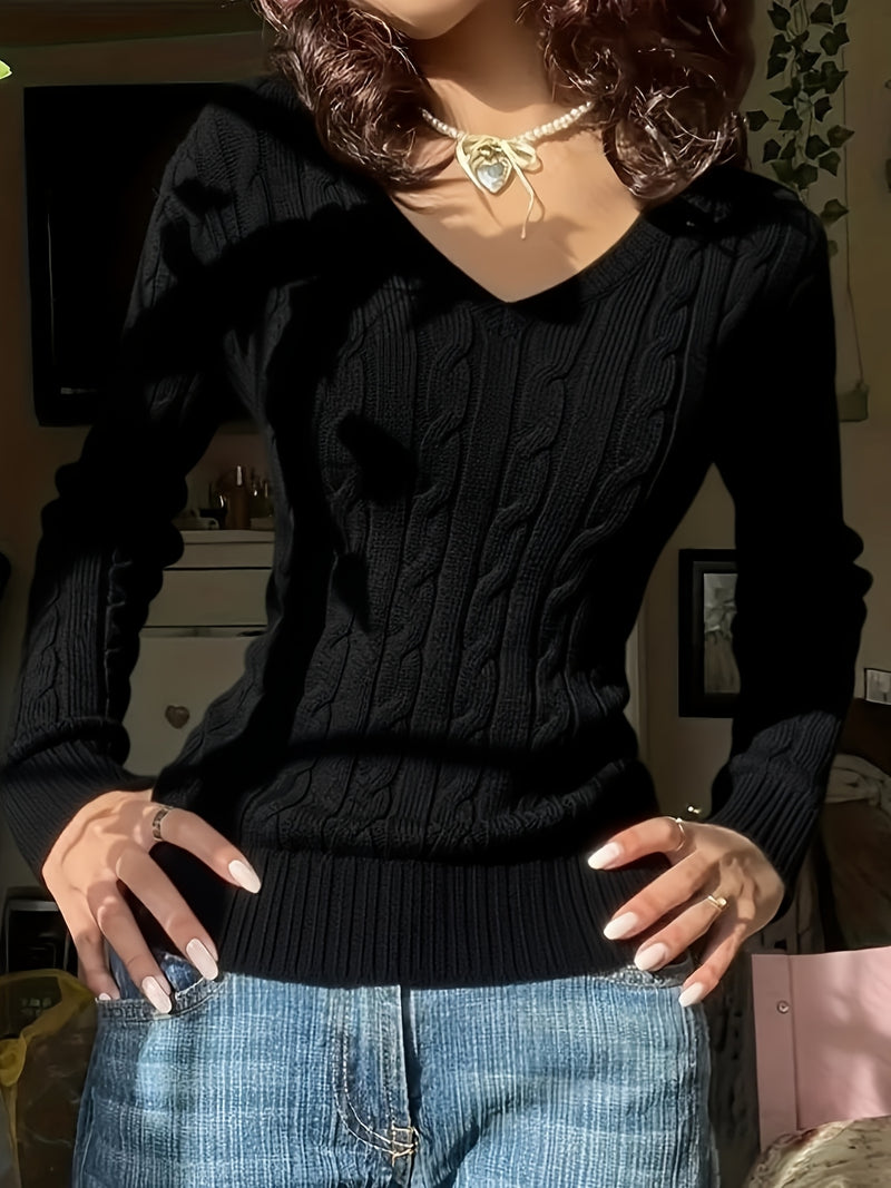 Women's Slim-Fit V-Neck Cable Sweshirt.