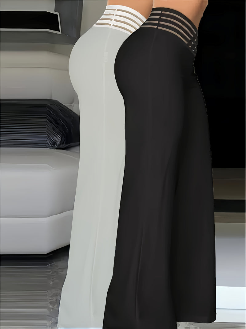 2pcs Women’s Fashion Solid Color Cross Transparent Mesh Patch High-Waisted Pants.