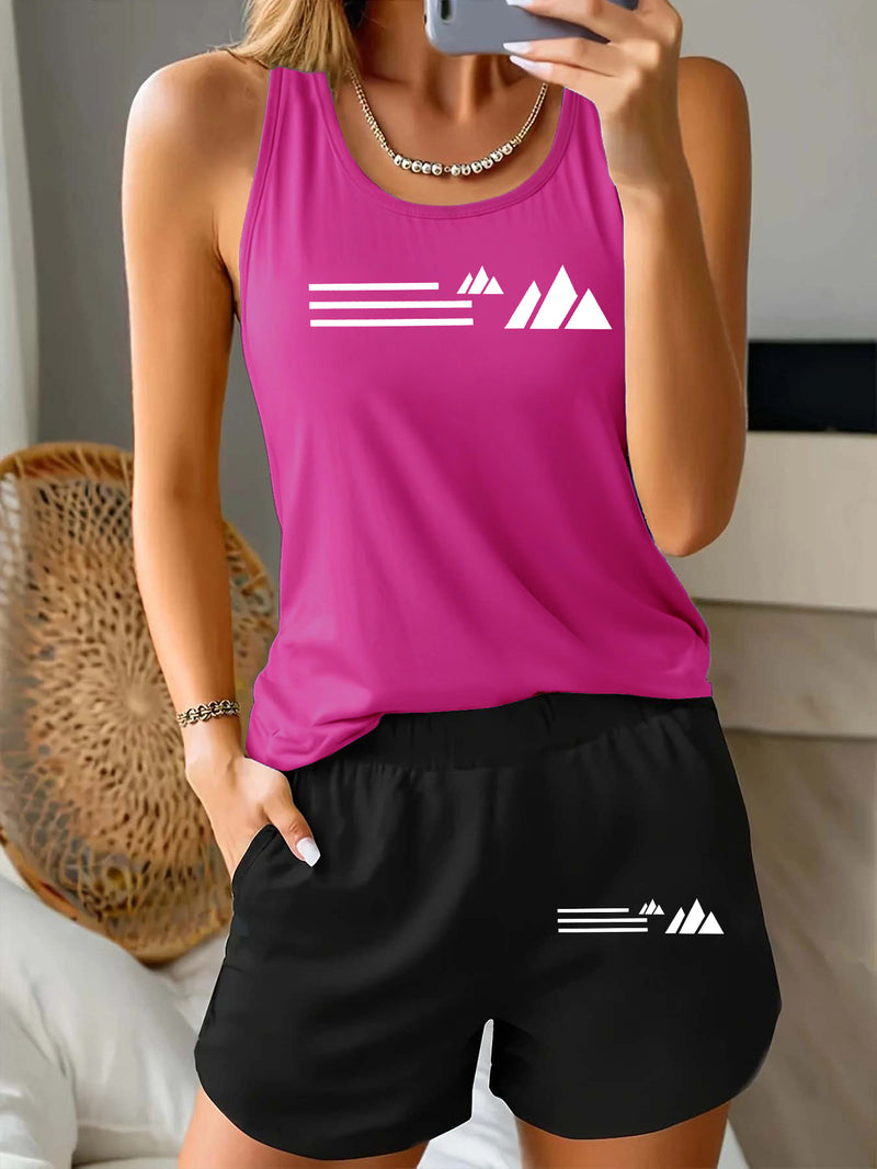 Women's Sportswear Summer Casual Fashion Vest + Shorts Fitness 2pcs Set.