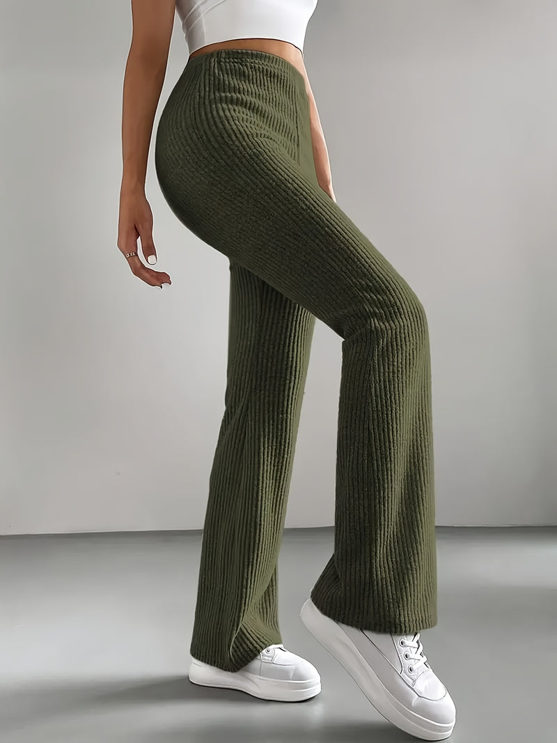 Women’s 2pcs Set Ribbed Simple Striped Casual Solid Color Straight-Leg Wide-Leg Pants.