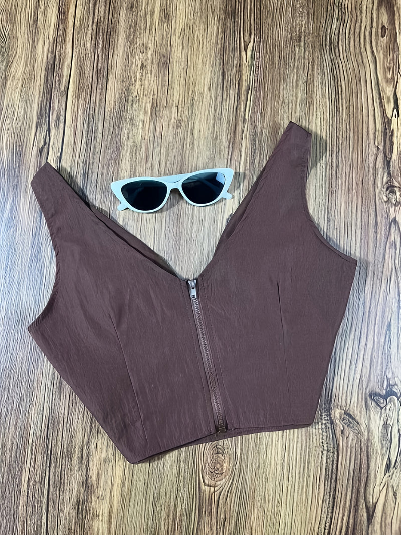 Women’s 2pcs Set, Brown V-Neck Vest Top Without Padding + Printed Pants.
