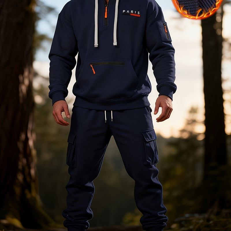 Men's Halloween Paris Letter Print Hoodie & Drawstring Cargo Jogger.