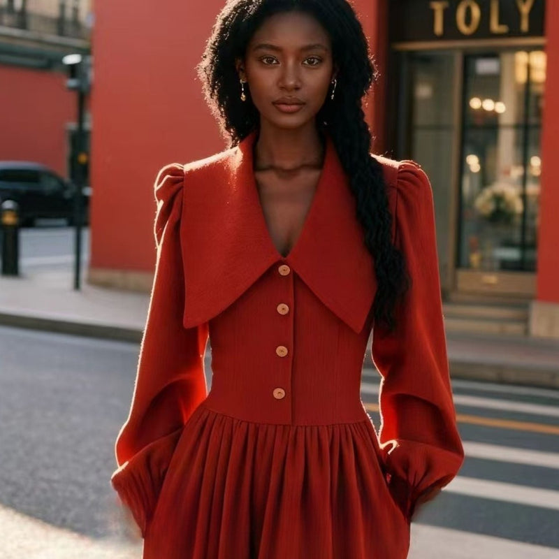 Women’s  Spring Slim-Fit Petite Red Collared Dress.