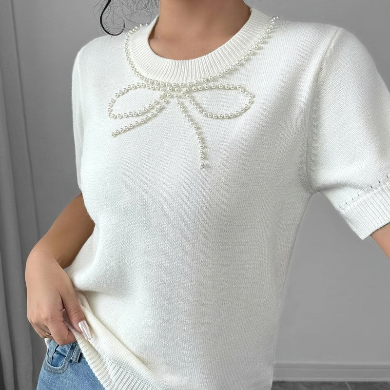 Women's Plus Size Elegant Beaded Bow & Short Sleeve Blouse.