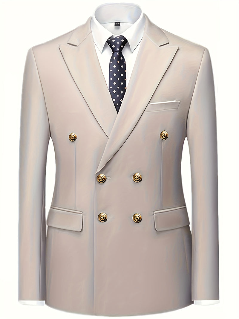 Men's 2pcs Suit, Double-Breasted Notch Lapel Solid Color Blazer and Pants Set.