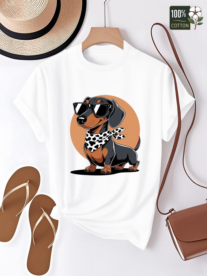 Women's T-Shirt Featuring a Cartoon Dachshund Wearing Glasses.