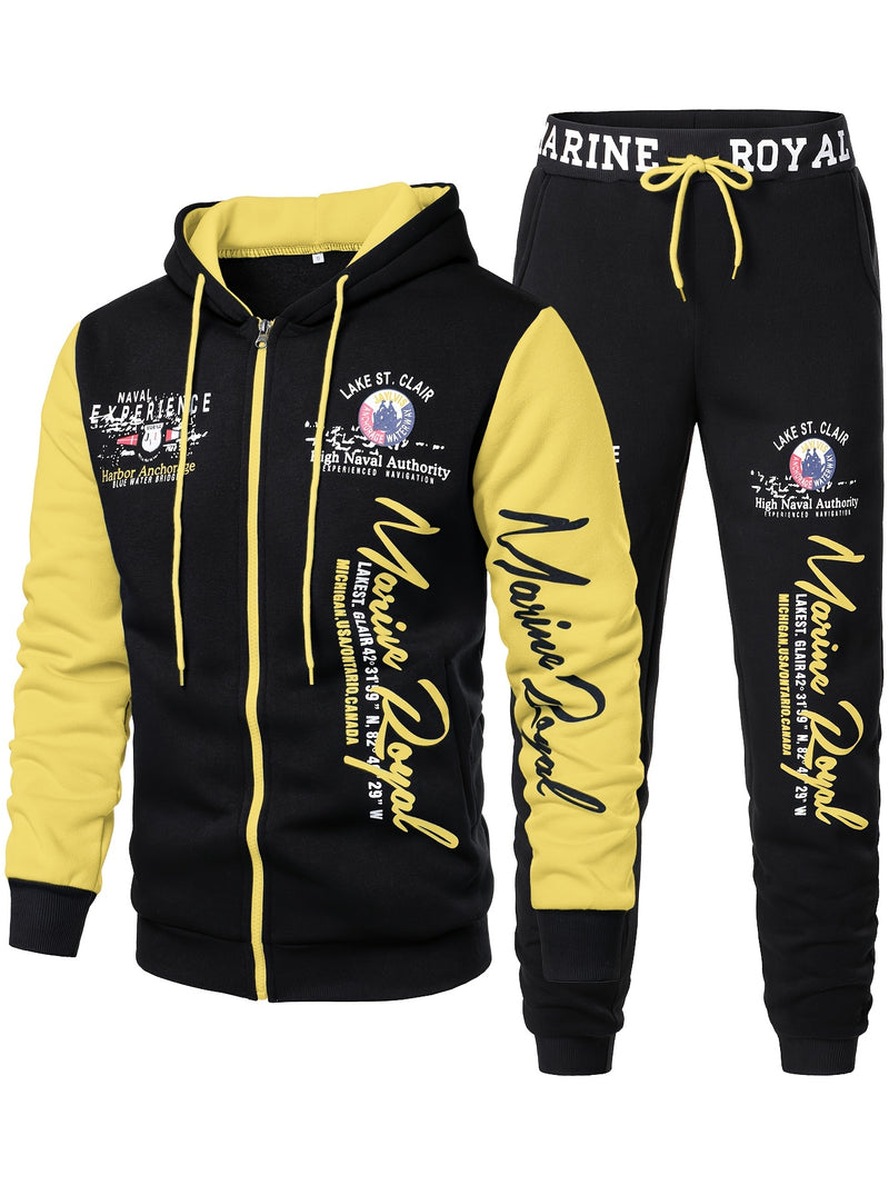 Men's Hiphop Outfit, Letter Print Long Sleeve Full-Zip Casual Jacket And Loose Jogger Pants.