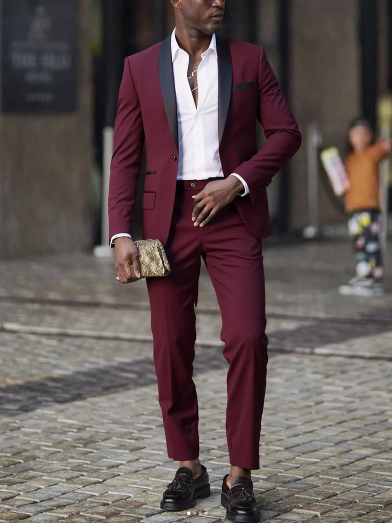 2pcs Men's Slim-Fit Burgundy Wedding & Business Suit Set.