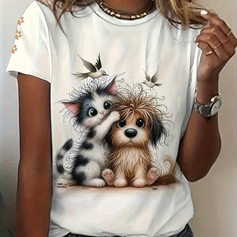 Women's Cute Pet Lover T-Shirt - Dog & Print Short Sleeve Crew Neck Top.