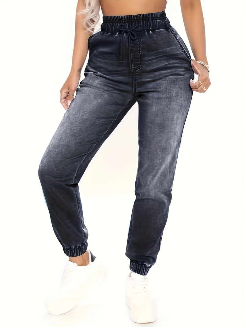 Women's Plus-Size Elastic Drawstring Tapered Jeans.