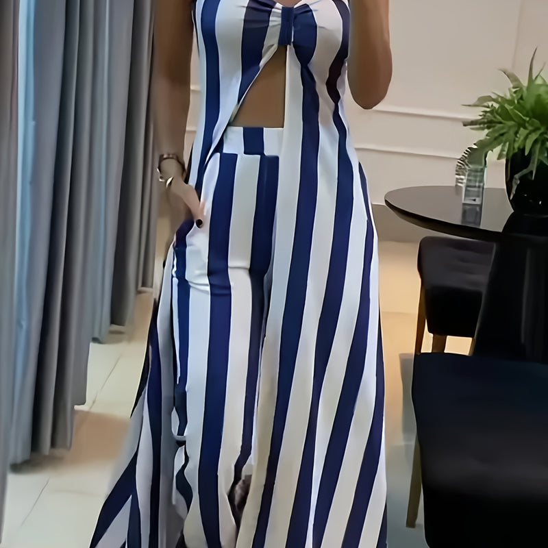 Women's Off-Shoulder Pantsuit with Side Pockets, Featuring Striped Prints.