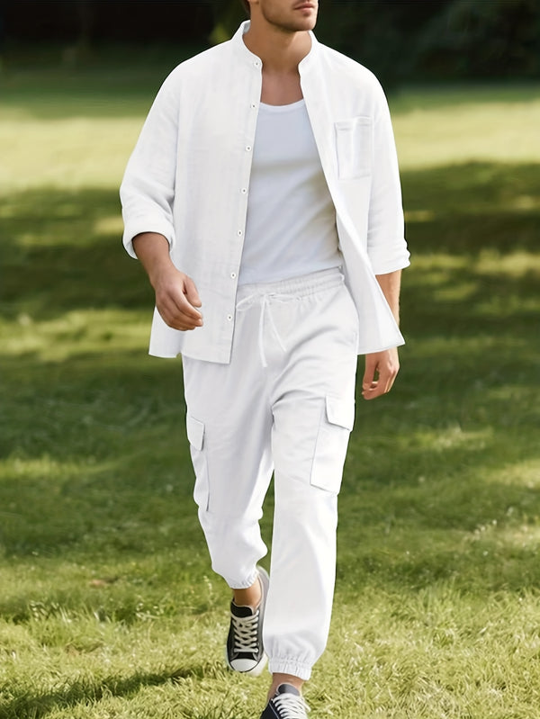 Men's Solid Color -Linen Suit, a Two-Piece Set for Sporty Comfort.