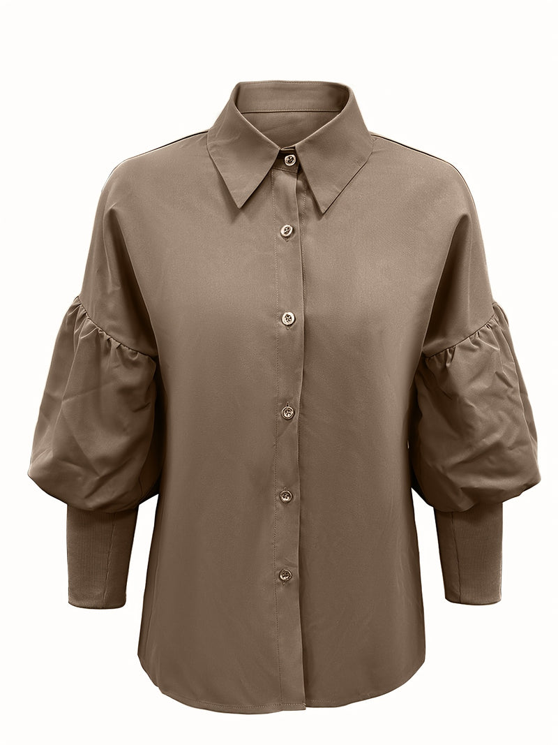 Fashion Women's Solid Color Turn- Collar Lantern Sleeve.