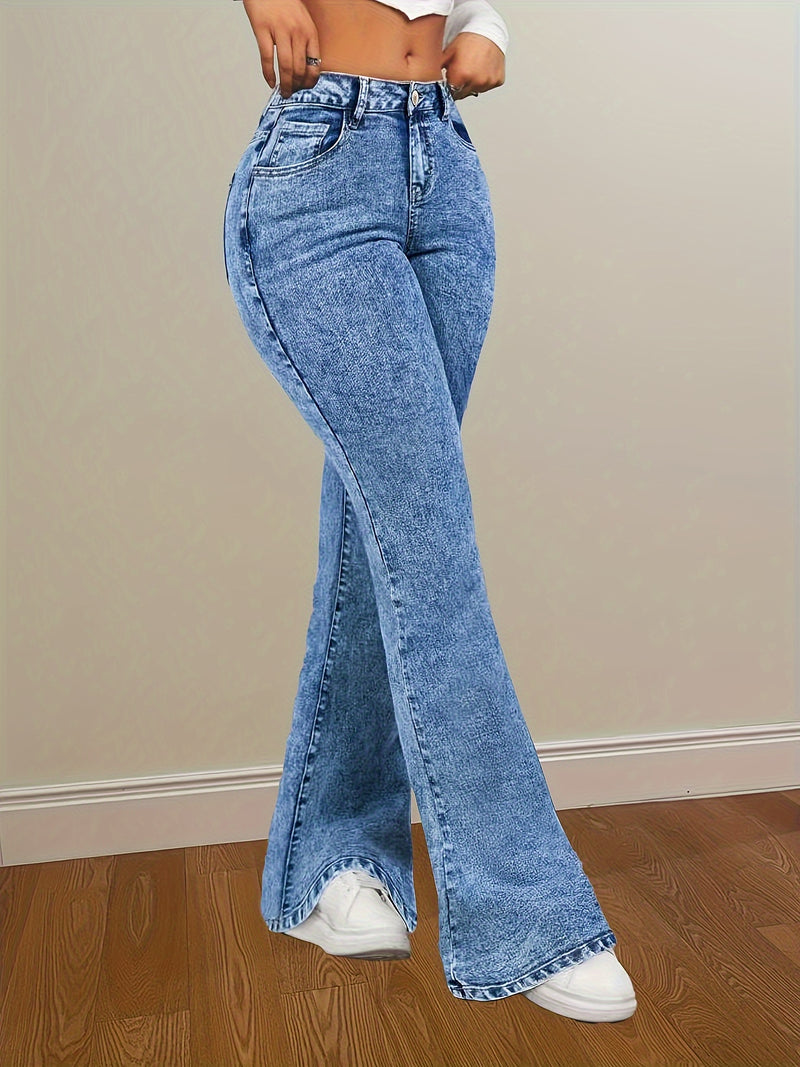 Women’s Blue Snowflake High Stretch Flare Leg Jeans.