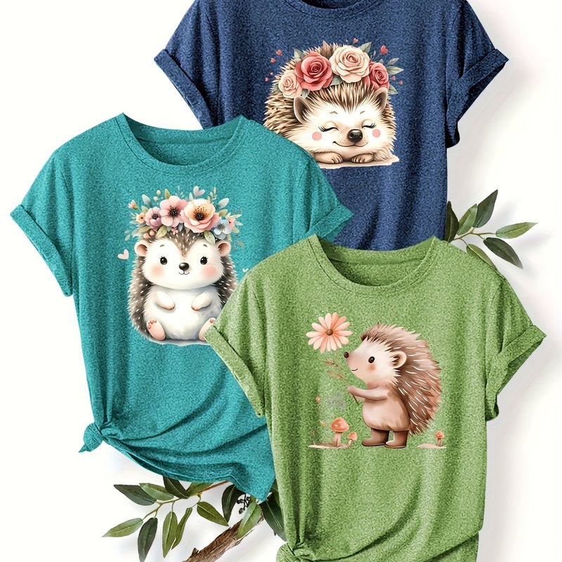 3pcs Women's Cute Hedgehog Graphic T-Shirts.