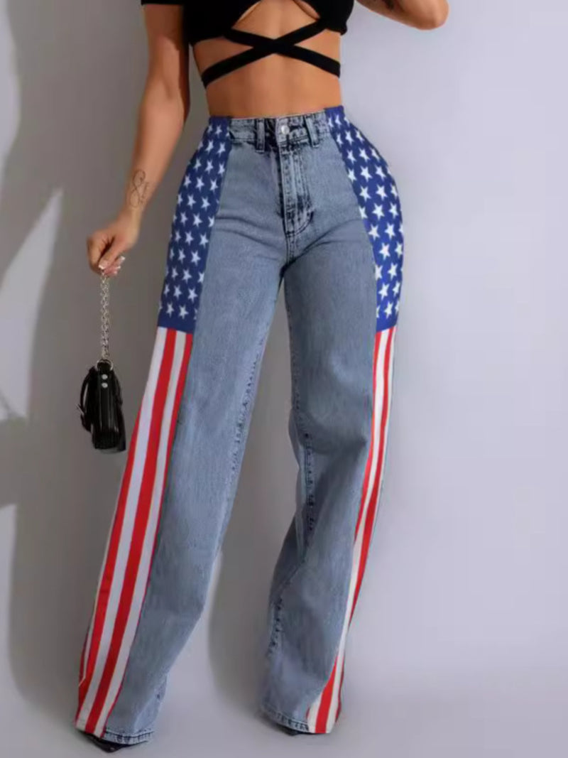 Women's High-Waisted Straight Wide Leg Jeans with American Flag Design.