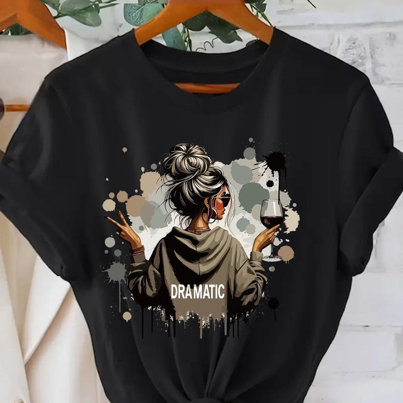 A Women's Stylish Printed Short-Sleeve T-Shirt with a Round Neck.