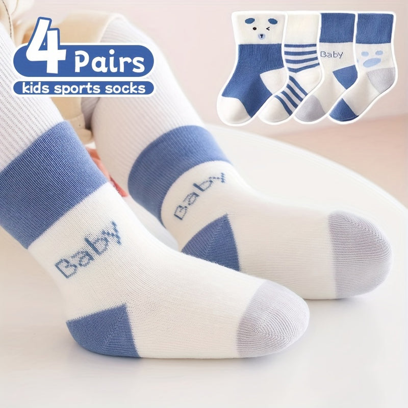 Y03-Blue Bear-4 Pairs of Baby Socks for Spring, Autumn, And Winter.