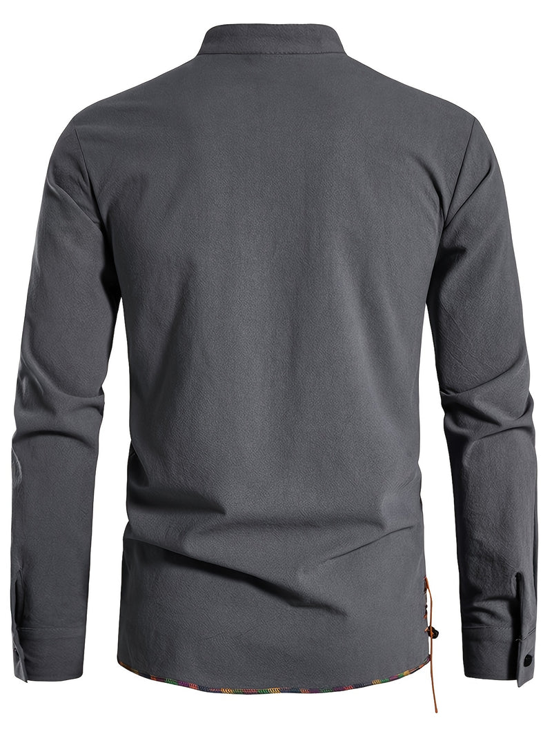Men's Henley Shirt Long Sleeve Casual Beach Stand Collar Shirt.