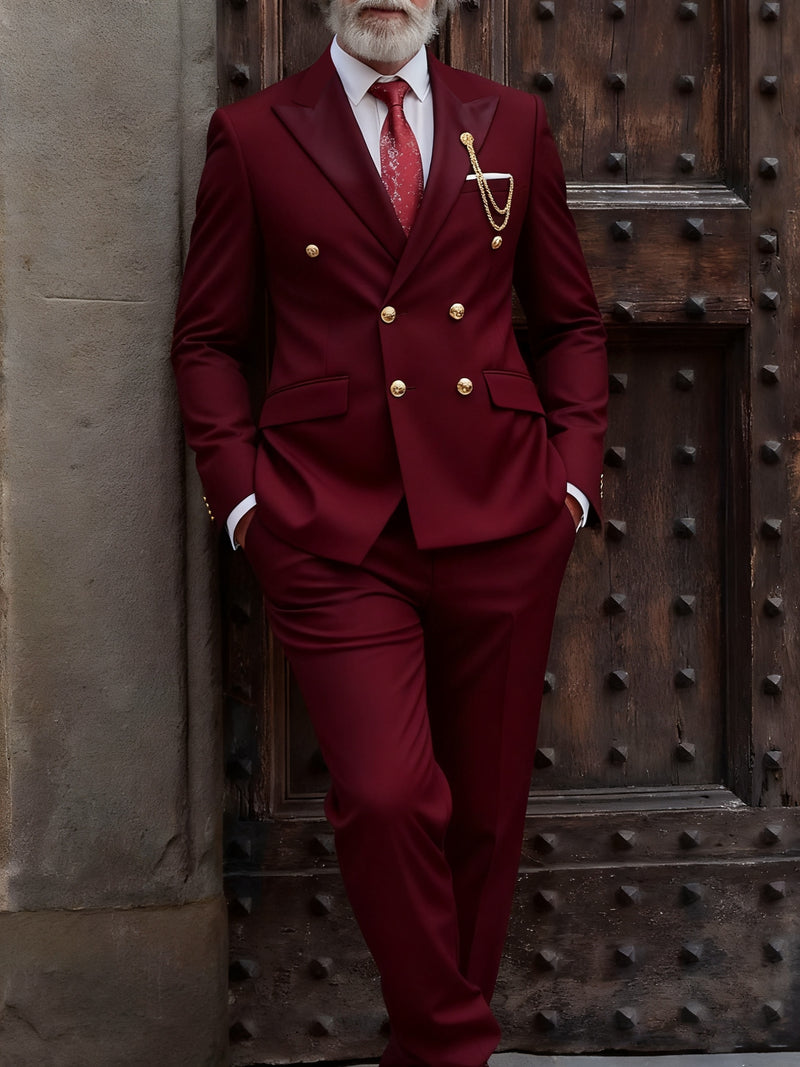 Men's 2pcs Suit, Double-Breasted Notch Lapel Solid Color Blazer and Pants Set.