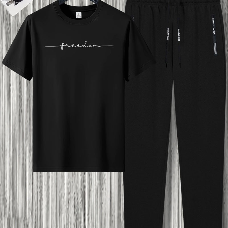 Men's Summer Design Short-Sleeve Set with Stylish Line Prints Paired.