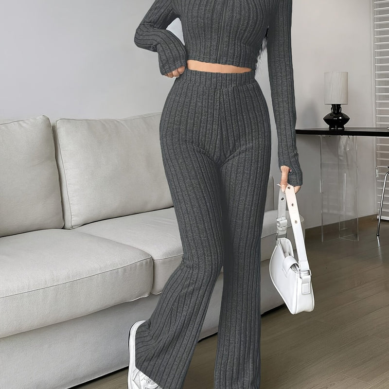 Women's Slim-Fit Zip-Up Shirt and Flared Pants Set.