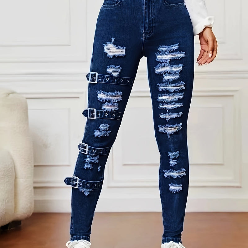 Women's Stretchy Fashionable Versatile Snap Button Ripped Skinny Ankle Jeans.