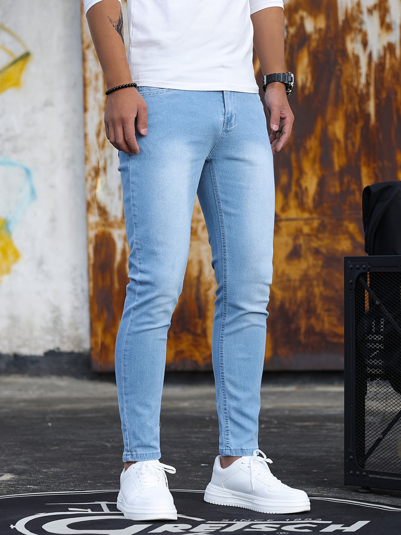 Men's Stretch Skinny Jeans - Light Blue Washed Street Style.