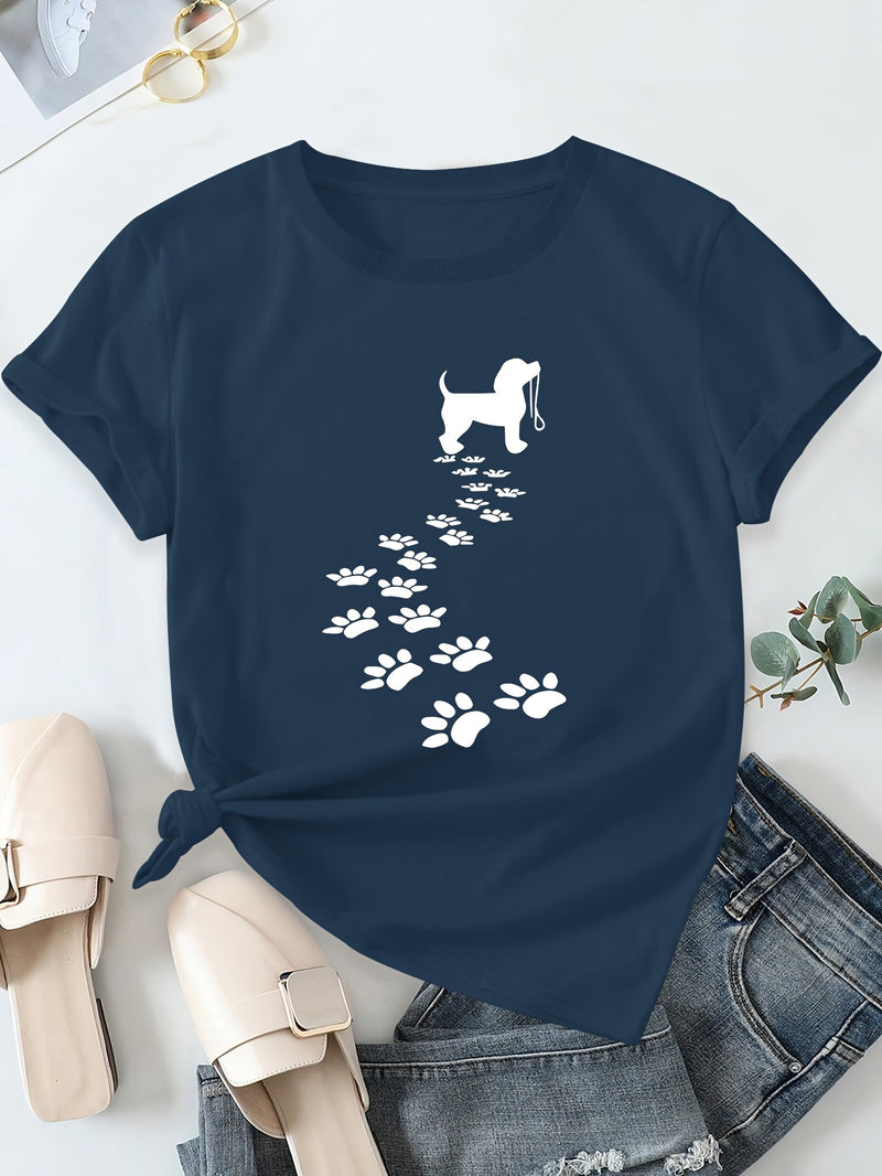 Women's Casual Short Sleeve T-Shirt with Dog Silhouette & Paw Print Graphic.