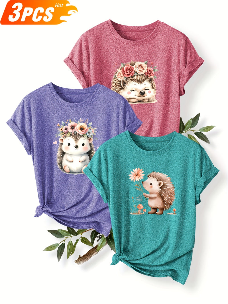 3pcs Women's Cute Hedgehog Graphic T-Shirts.