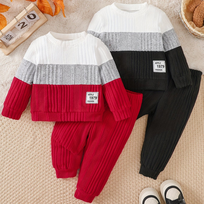 4pcs Children's -lined Color-blocked Irregular Ribbed Long-sleeve and Long-pants.