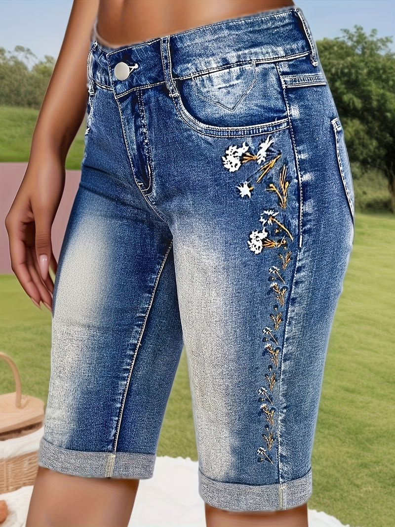 Women's Mid-Rise Denim Shorts Featuring Floral Embroidery.