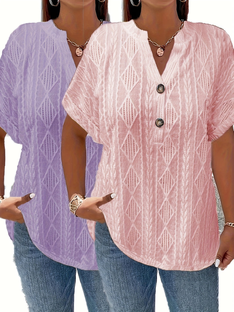 Women's Short-Sleeve V-Neck Solid Color Jacquard Hollow-Out Two-Piece T-Shirt.