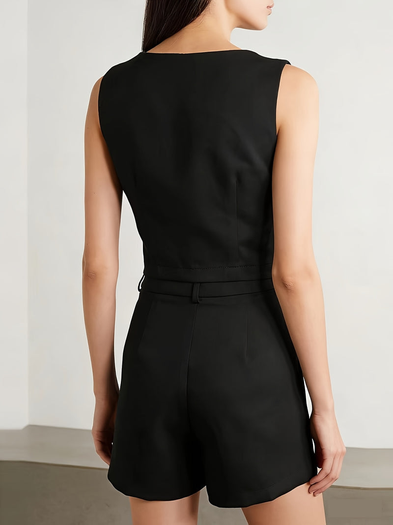 A Solid Color V-Neck Tank Top And Shorts Set for Women.