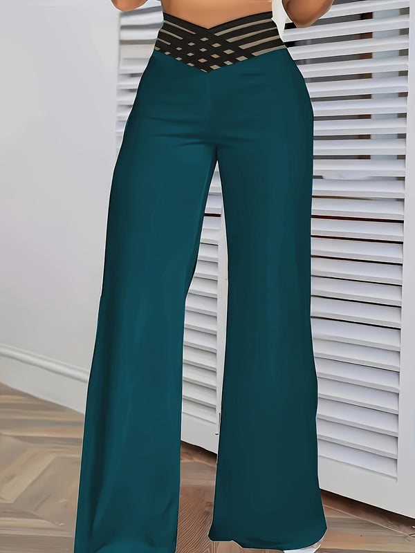 Women's High-Waist Flare Pants with Cross-Front Mesh Detail.