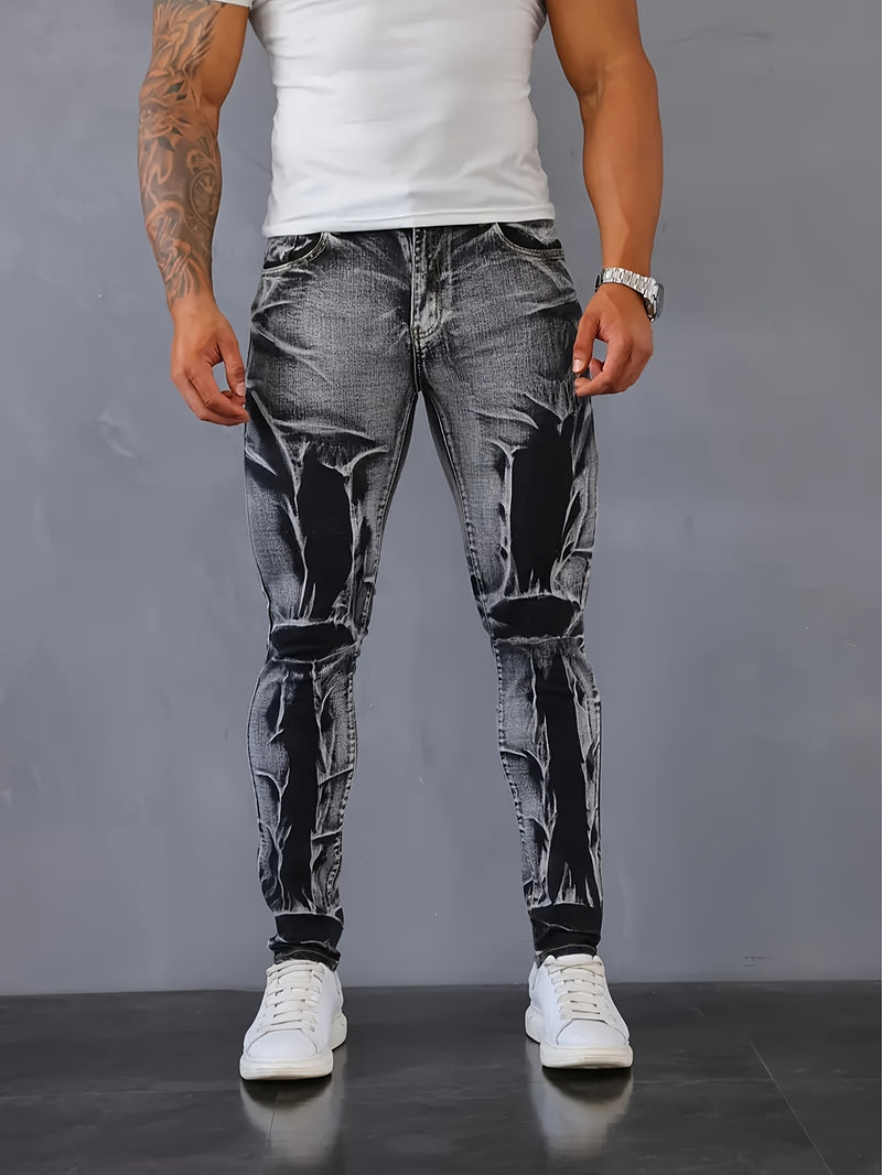Men's Slim-Fit Stretch Denim Jeans with Irregular Tie-Dye Design.