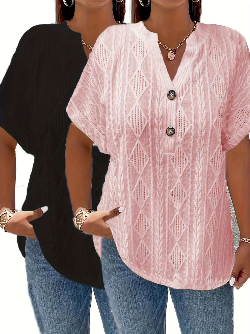 Women's Short-Sleeve V-Neck Solid Color Jacquard Hollow-Out Two-Piece T-Shirt.