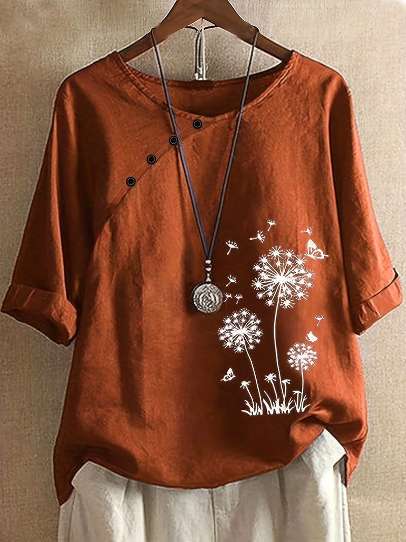 Casual Loose Blend Dandelion Print Short Sleeve Pullover T-Shirt for Women.