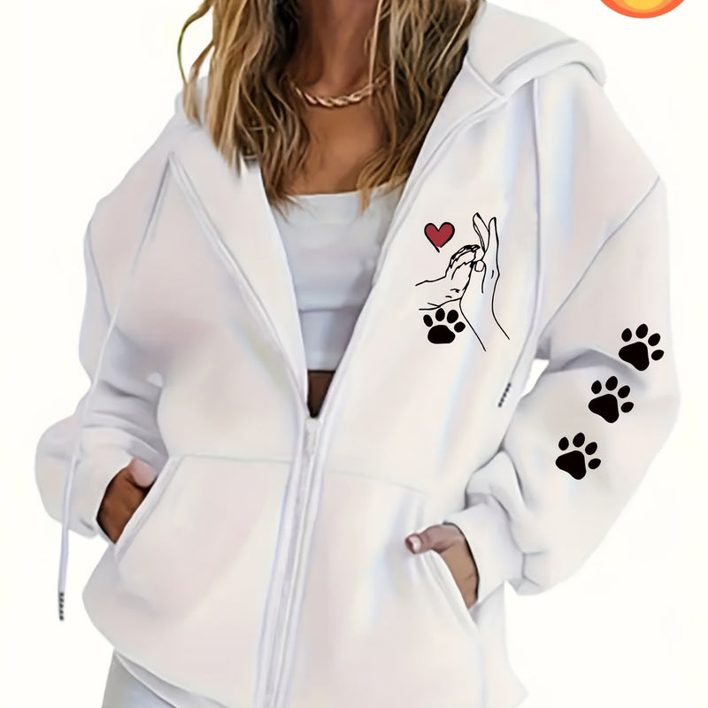 Women's Casual Zip-Up Hoodie with Printed Bear Paw Sleeve Design.