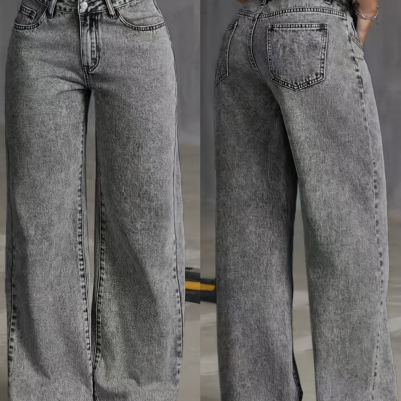 Women's High Waisted Wide Leg No Stretch Vintage Washed Jeans.