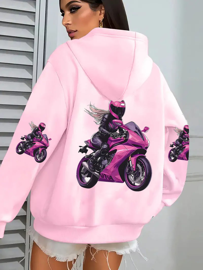 Ladies' Zipper Hoodie, Handsome Female Rider Cycling Pattern.