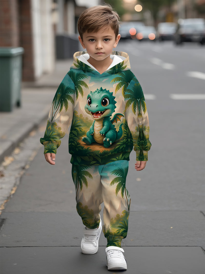 2pcs Boys Dinosaur & Palm Tree Print Hooded Sweatsuit.