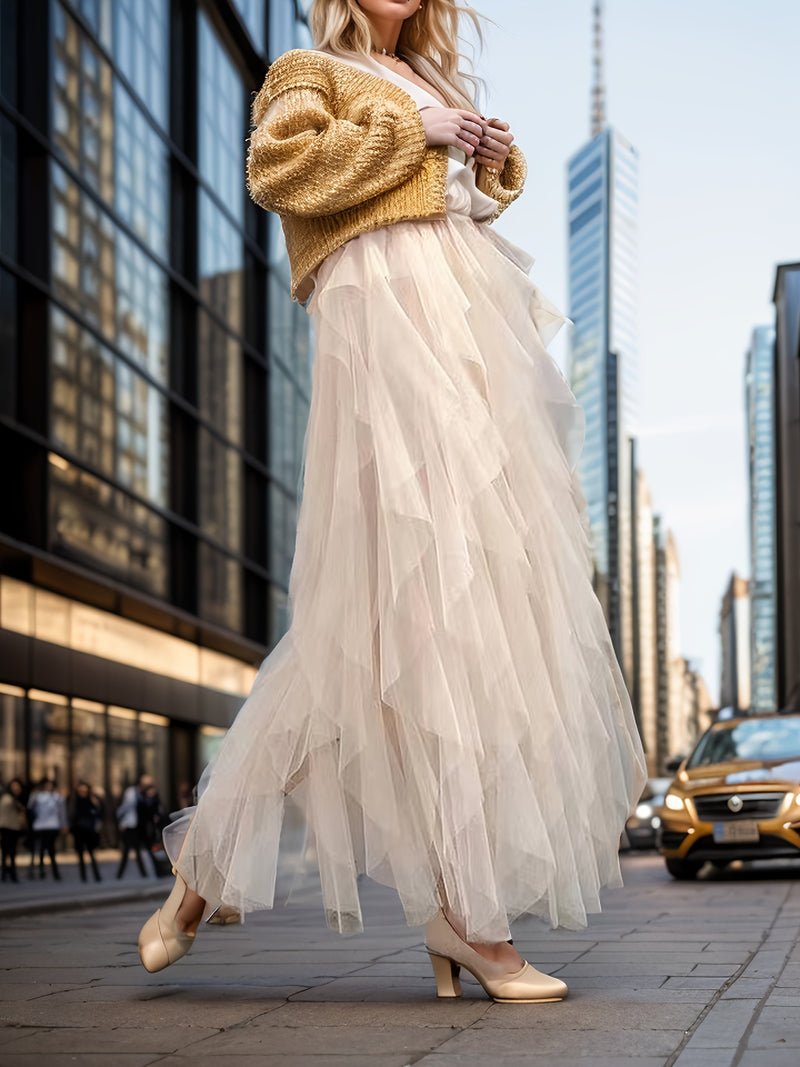 Women’s Irregular High-Waisted A-Line Tulle Skirt, Layered Tulle Skirt.