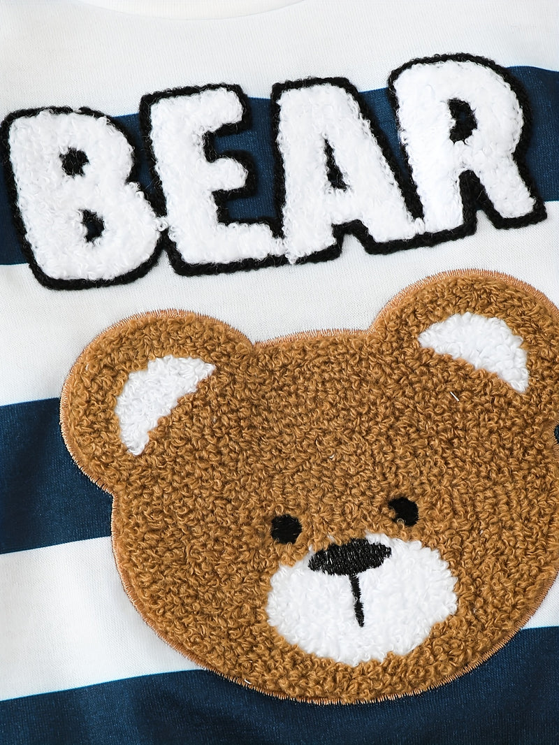 3pcs Boys Cute Bear Embroidery and Striped Print Long-Sleeve.