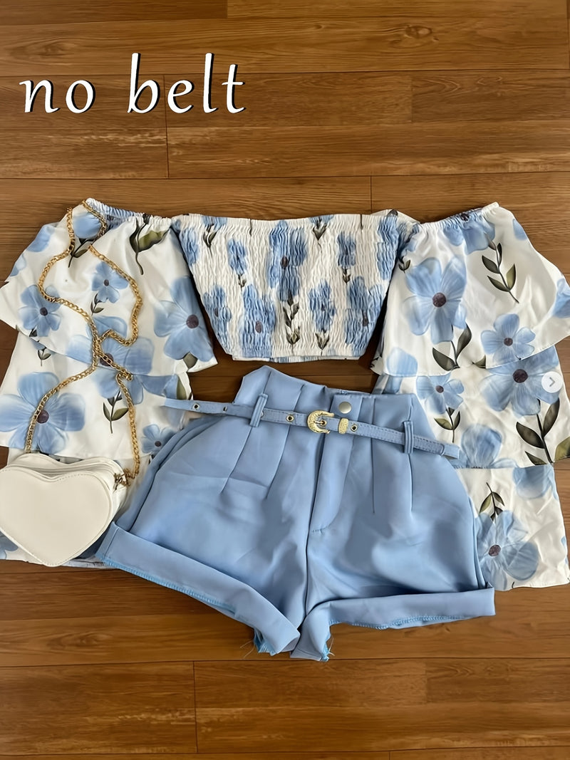 Women’s 2pcs Set Elegant Floral Off-the-Shoulder Top with Layered Ruffle Sleeves.