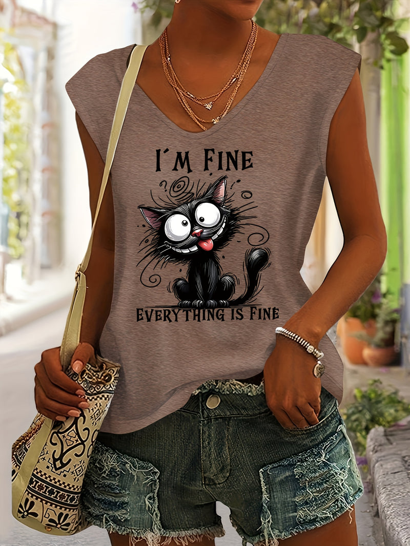 Women’s Cute Cat Print Rayon V-Neck Short Sleeve T-Shirt.