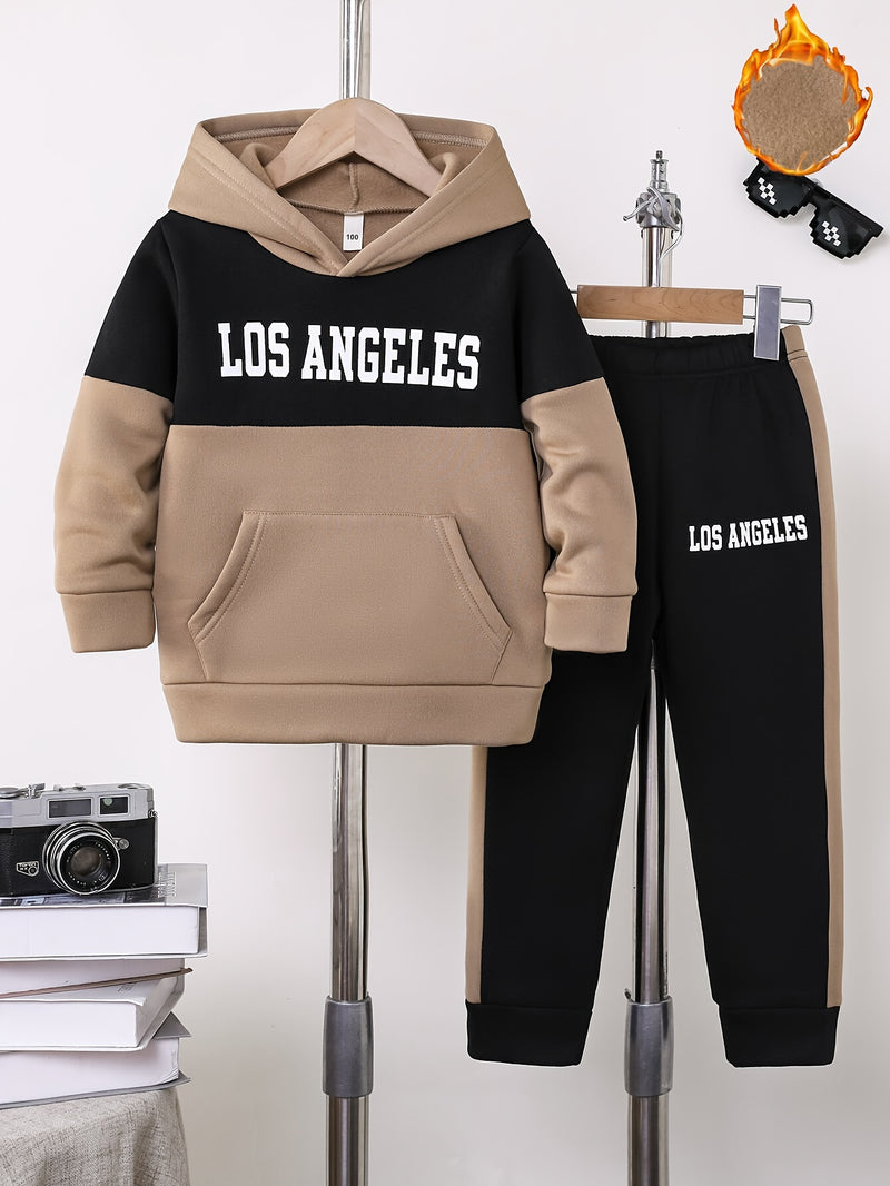 2pcs Boys Autumn/Winter Fleece-Lined Hooded Sweatshirt and Pants Set.