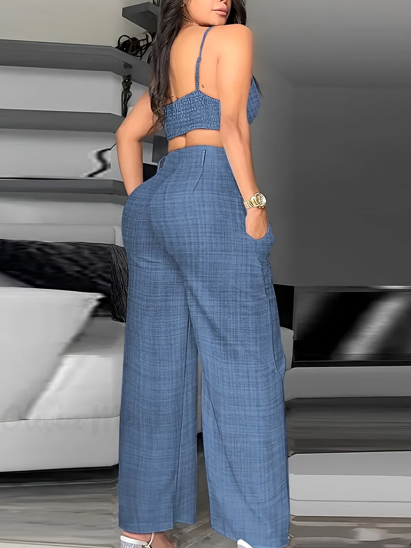 Women's Solid Color Camisole And Loose-Fitting Long Pants Two-Piece.